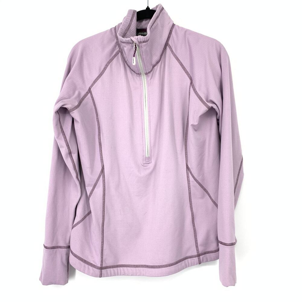 Eddie Bauer Quarter-Zip Top Womens Large Purple Grid Fleece Lined Thumbholes